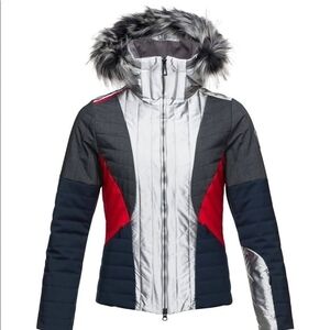 Rossignol Women's Silver and Red Ski Jacket with Faux Fur Hood